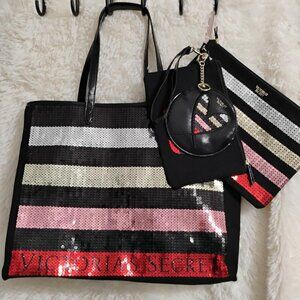 Victoria's Secret Black and Pink Sequin Striped Tote with 3 piece cosmetic bags